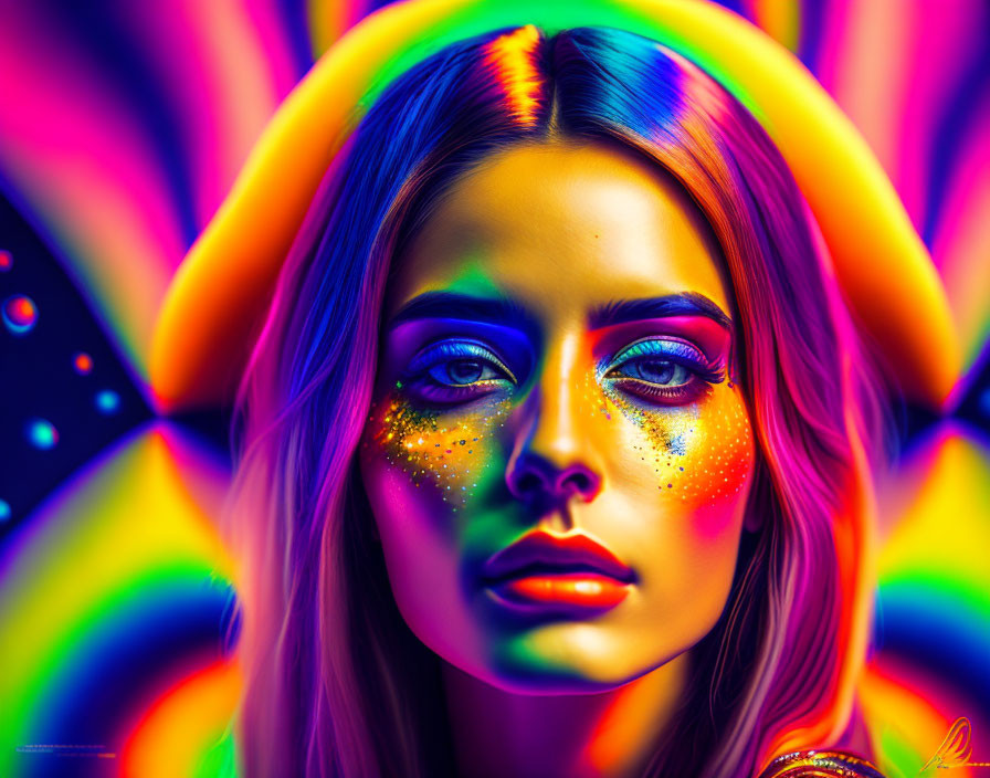 Colorful Psychedelic Paint Portrait of Woman on Swirl Background