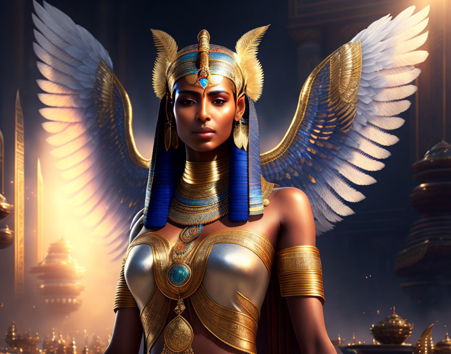 Regal winged figure in Egyptian-inspired attire at ancient temple.