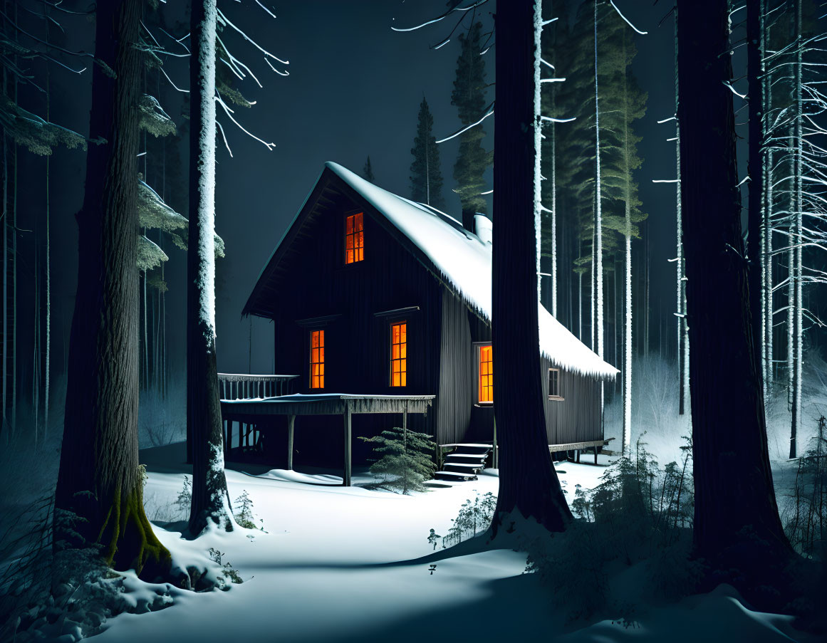 Snowy Forest Night: Cozy Cabin Among Glowing Trees