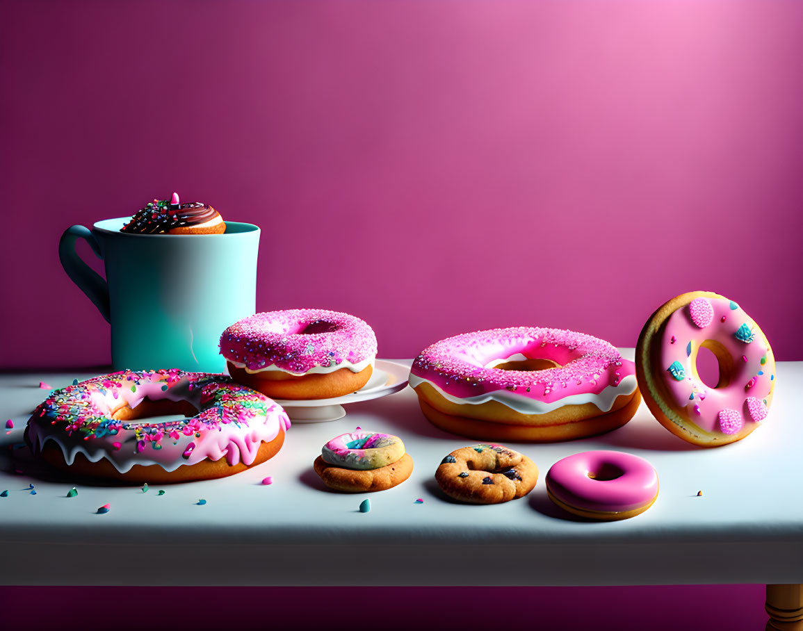 Colorful Donuts and Whipped Cream Beverage on Light Surface