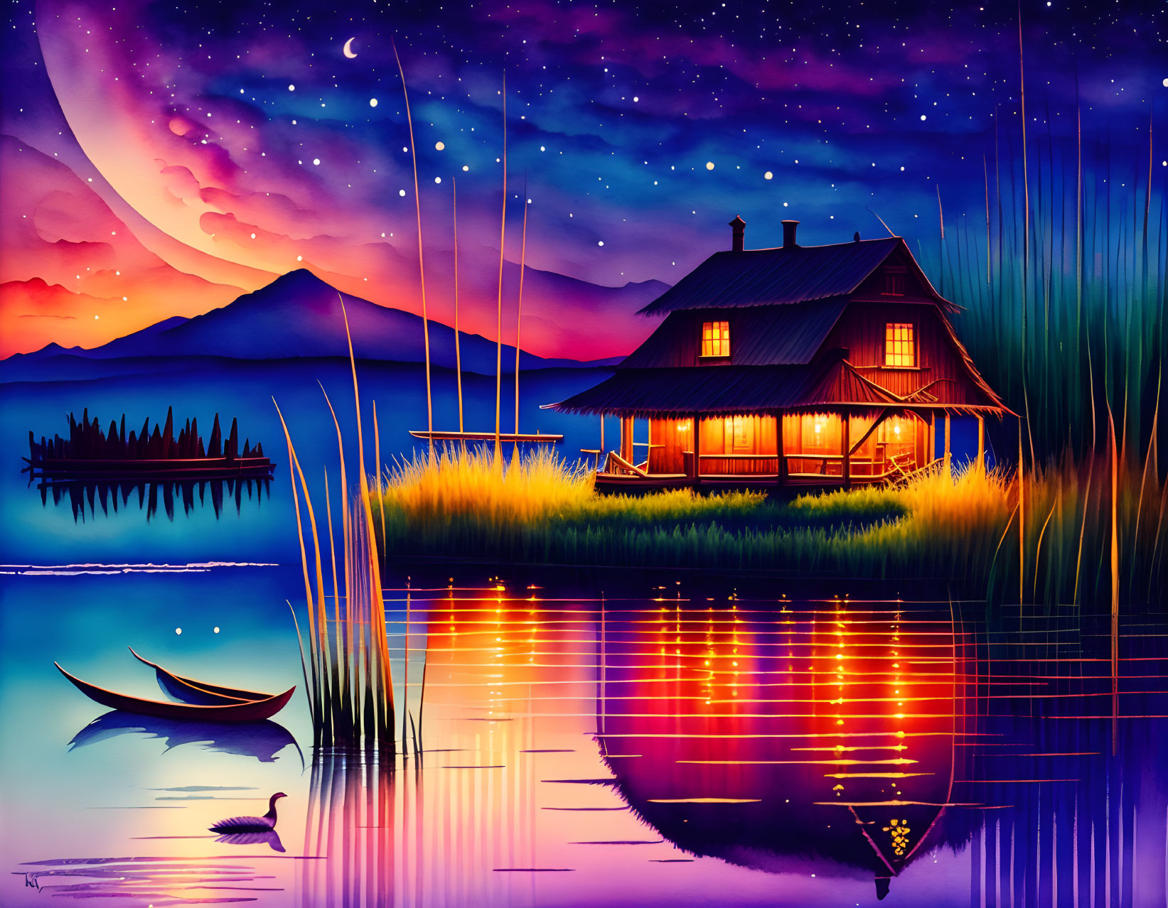 Twilight lakeside scene with illuminated cottage, boat, tall grass, tranquil lake, and starry