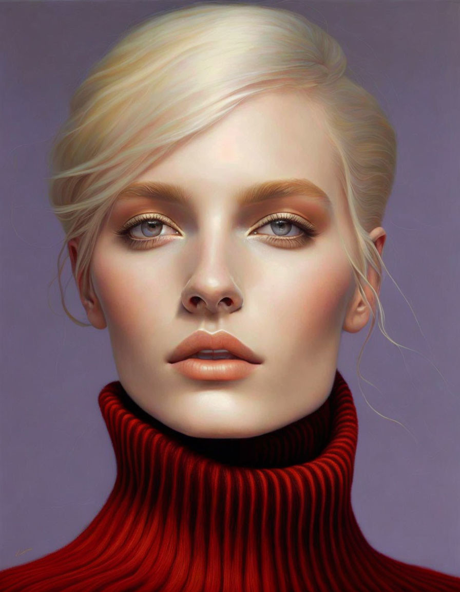 Blonde Woman with Side-Swept Hair and Blue Eyes in Red Turtleneck