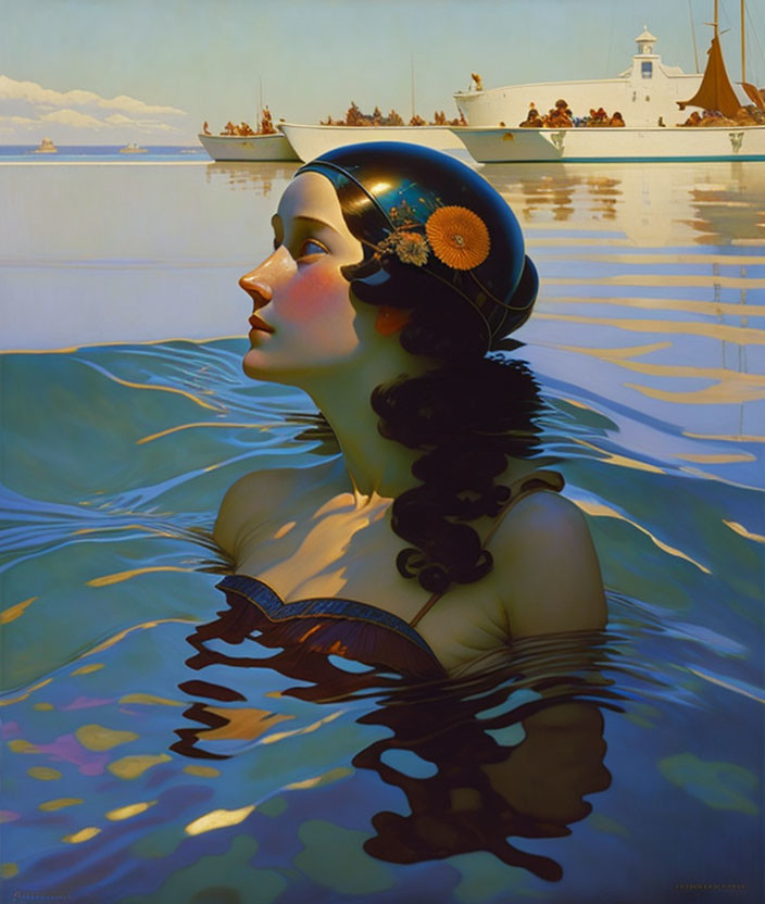 Dark-haired woman in swim cap gazes at ship in water reflection