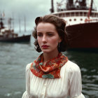 Vintage dressed woman by boat in dreamy waterscape