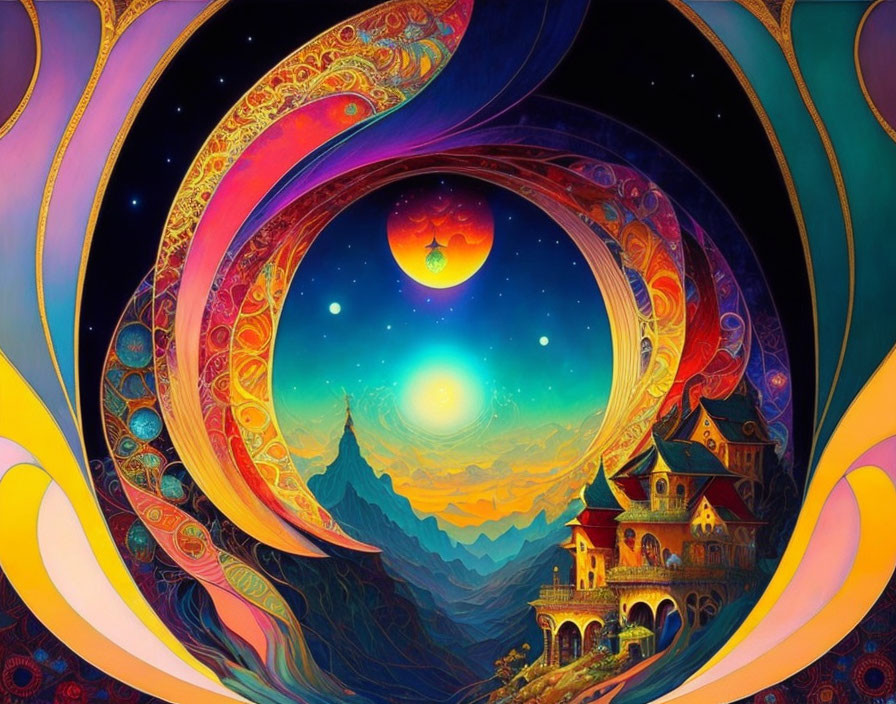 Colorful Psychedelic Art with Sun, Castle, Mountains in Dreamlike Scene