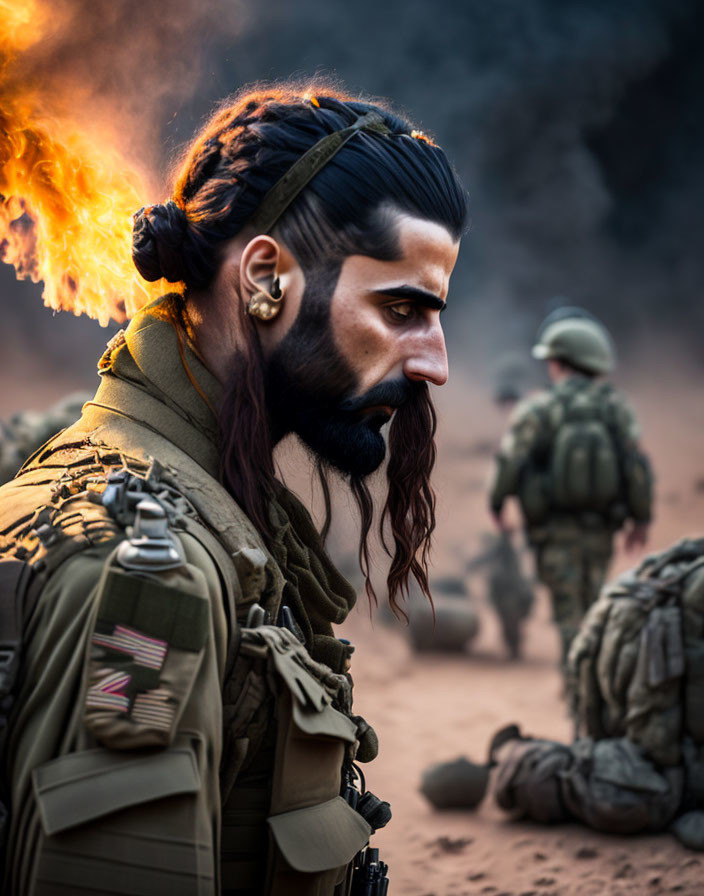 Long-bearded person in military gear gazes as flames rise with soldiers.