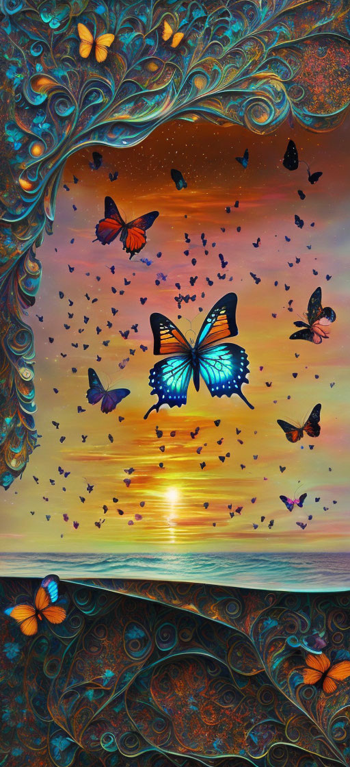 Surreal artwork: Butterflies, ocean sunset, swirling patterns