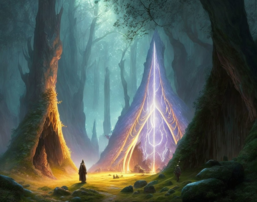 Ethereal glowing tree in mystical forest scene