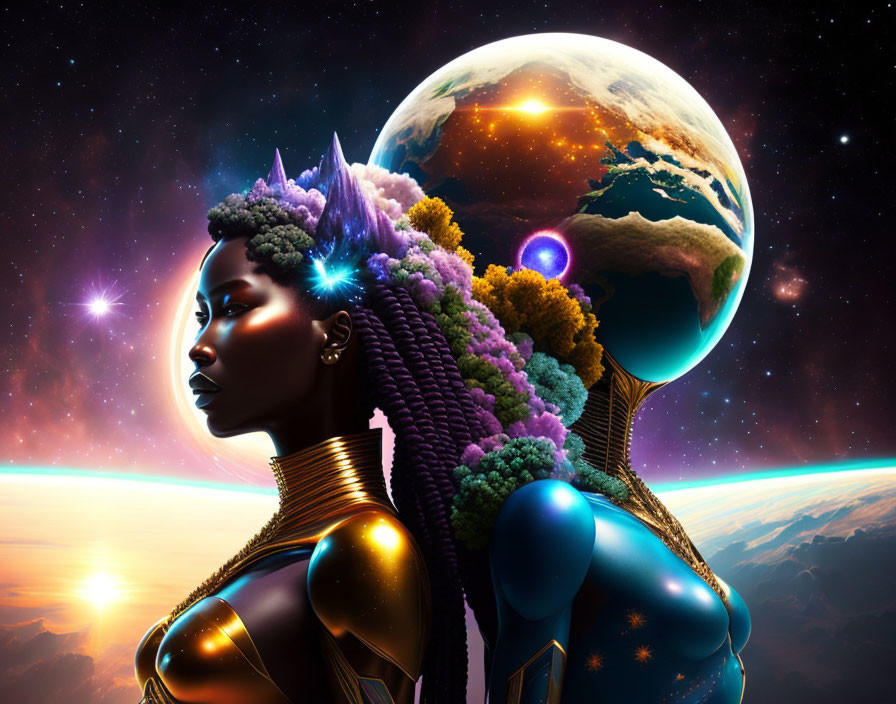 Vibrant purple hair and golden accessories in surreal cosmic portrait