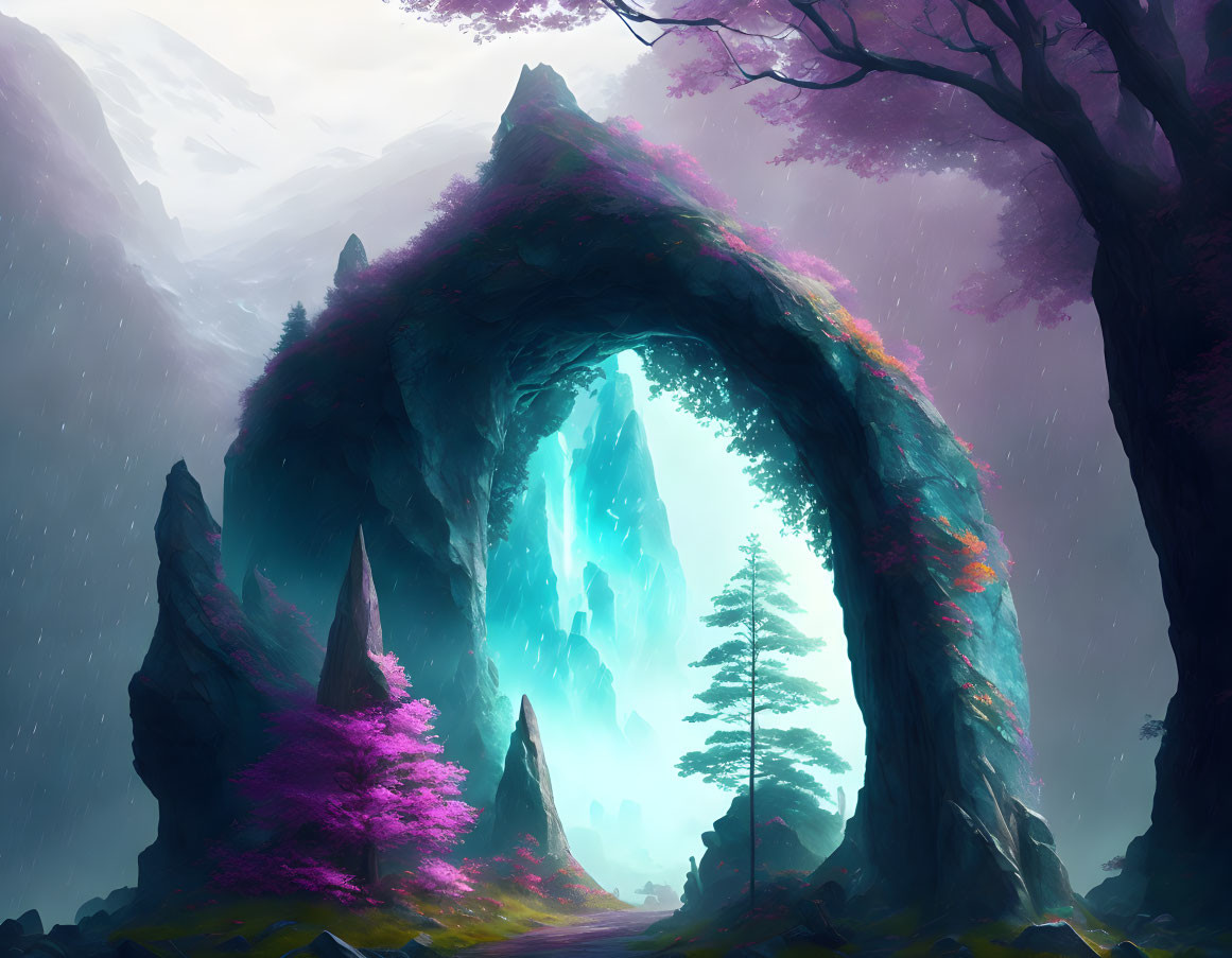 Mystical landscape with arching rock formation and crystal-like structure.