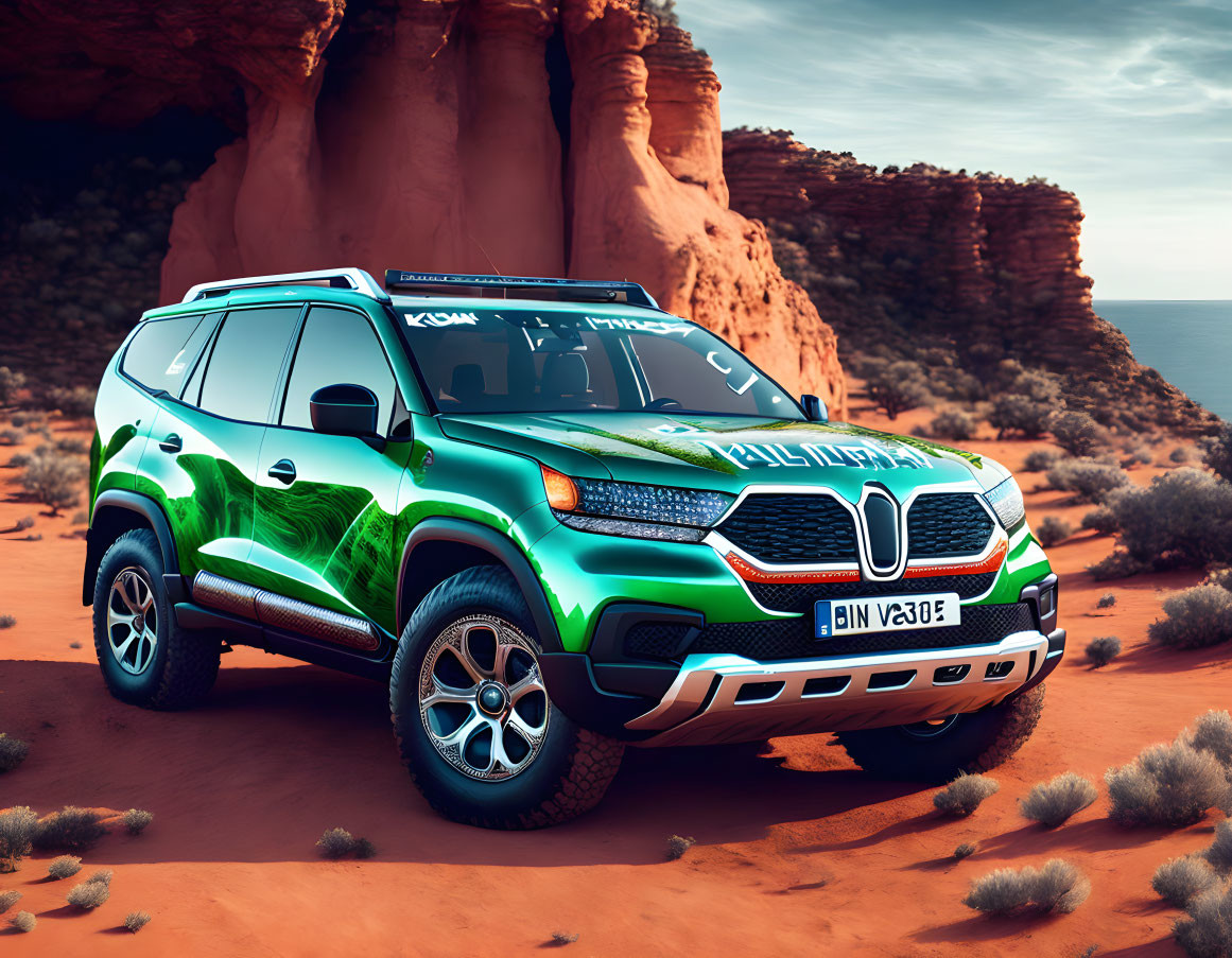 Green and Black Rally SUV Parked in Desert Landscape