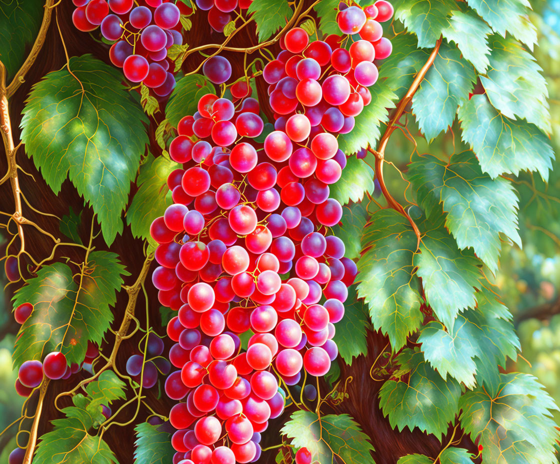 Ripe red grapes on lush grapevines surrounded by green leaves and bark