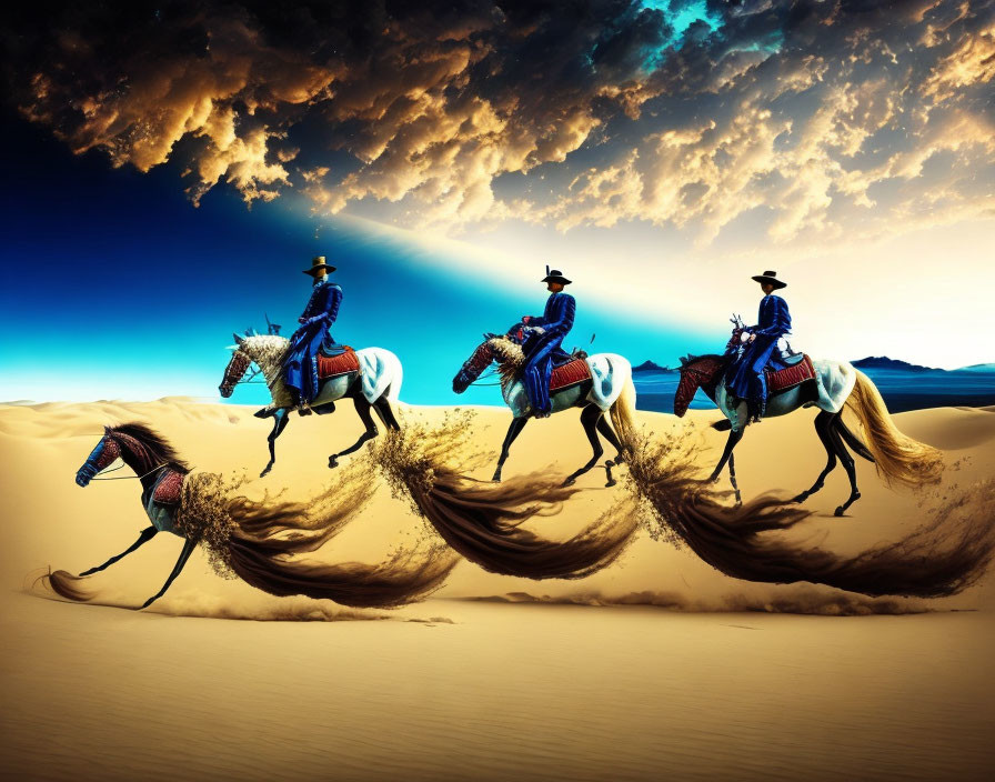 Three riders in traditional attire gallop on horses in desert landscape