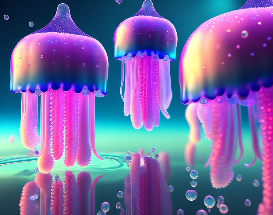 Bioluminescent jellyfish-like creatures in neon-lit underwater scene