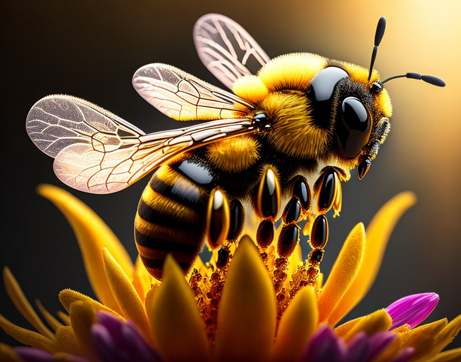 Detailed Close-Up: Fuzzy Bee on Colorful Flower & Gradient Background