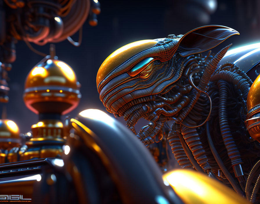 Detailed 3D Render: Metallic Dragon Creature in Futuristic Machinery