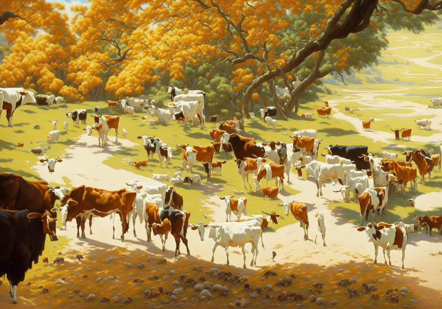 Autumn landscape: cows grazing under trees in sunny pastoral setting