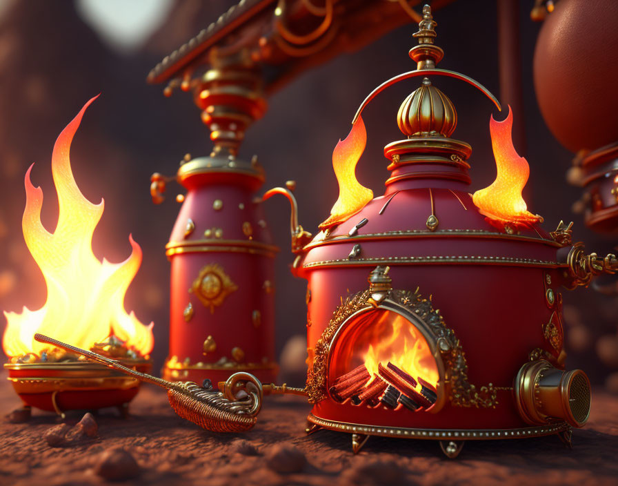 Ornate red and gold steampunk train with flames in 3D illustration