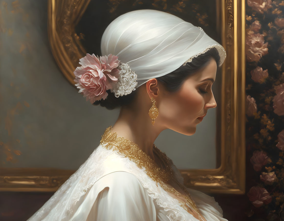 Profile portrait of woman with white headscarf and flower, golden earrings, embroidered dress in art gallery