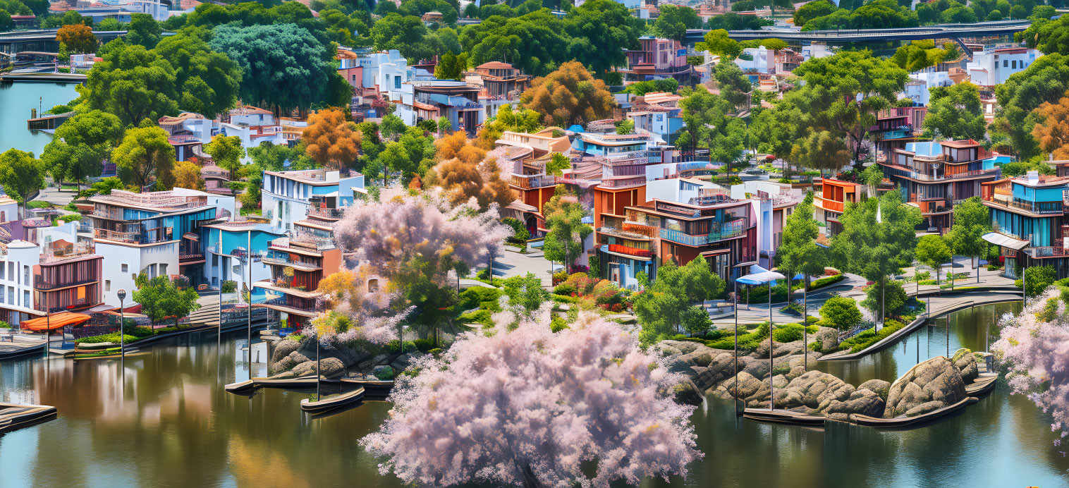 Vibrant waterfront community with modern houses, blooming trees, waterways, and boats under clear