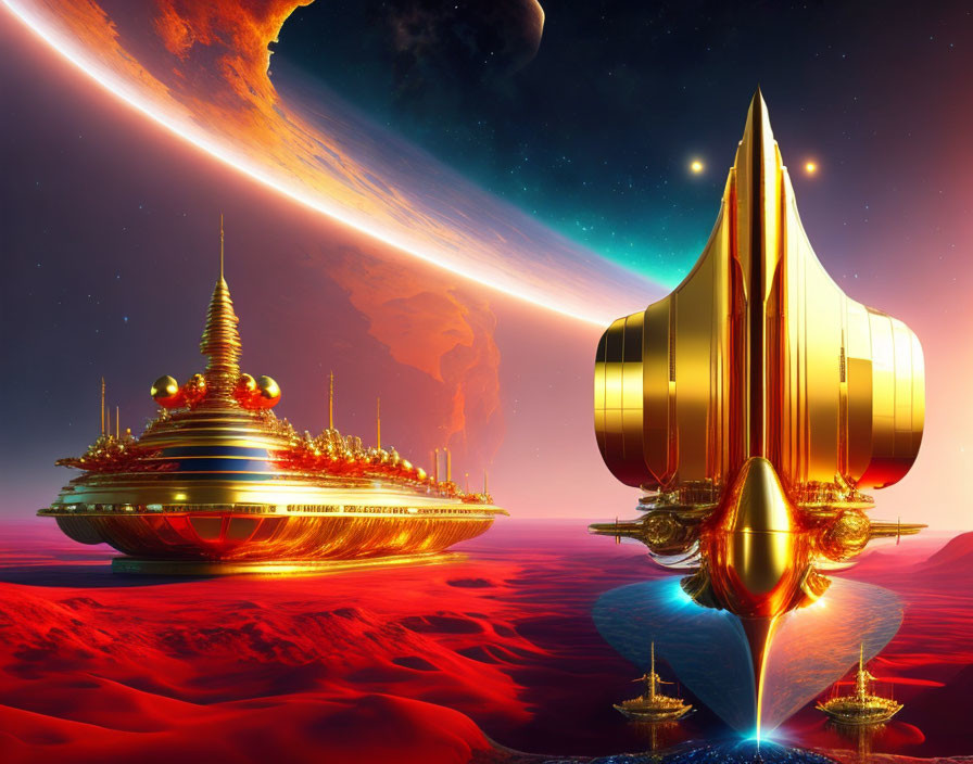 Golden spaceship lands on red alien landscape with celestial bodies.