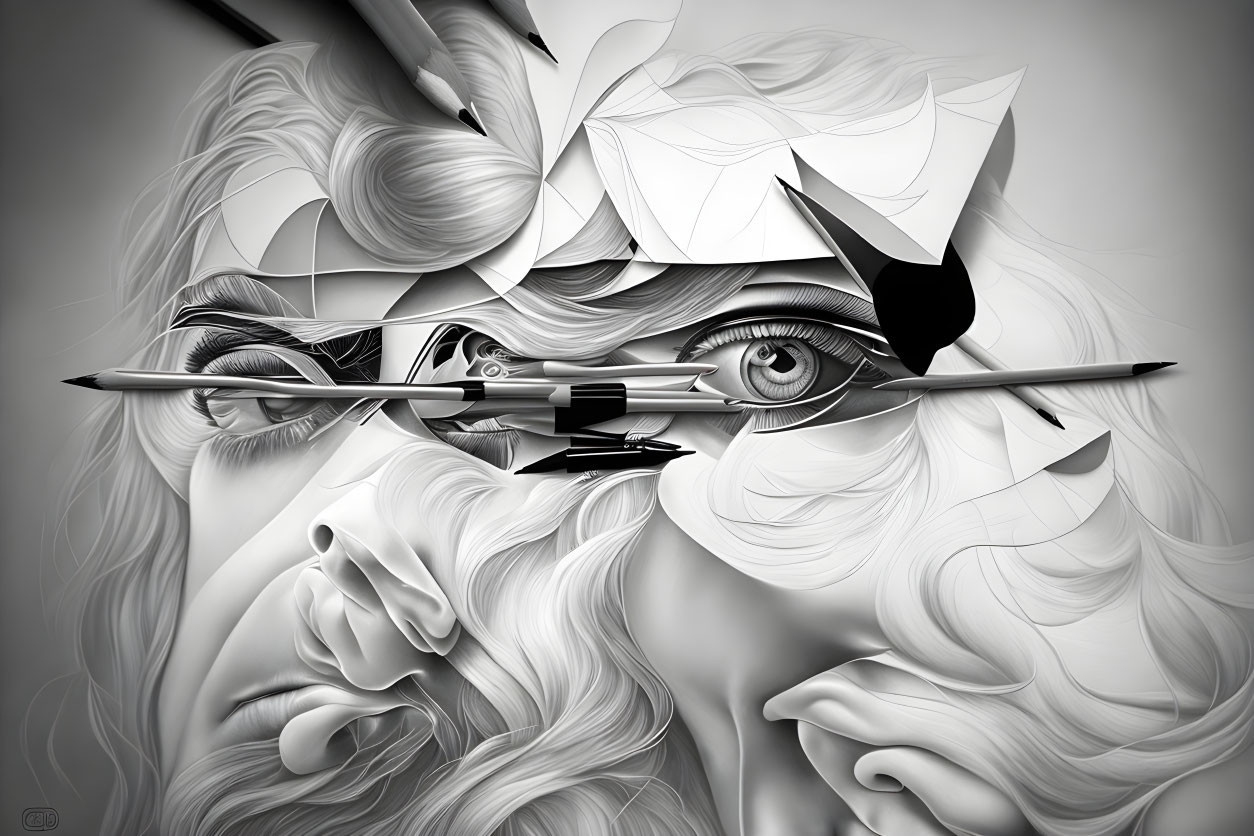 Monochromatic digital artwork: Woman's face with surreal elements