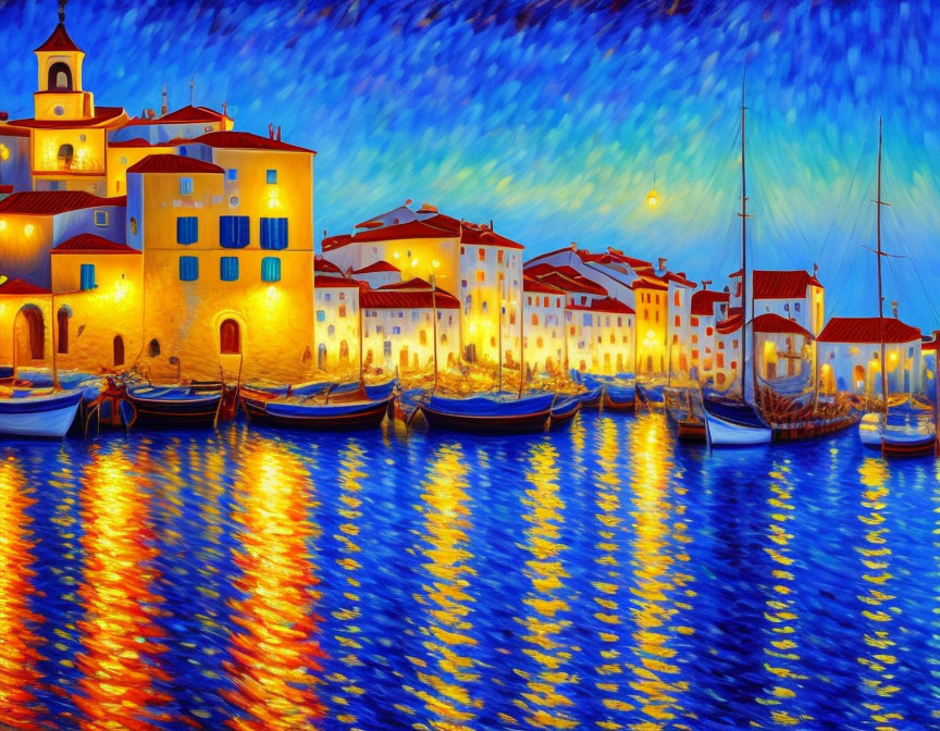 Vibrant coastal village painting at dusk with illuminated buildings and boats.