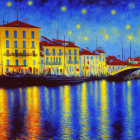 Vibrant coastal village painting at dusk with illuminated buildings and boats.