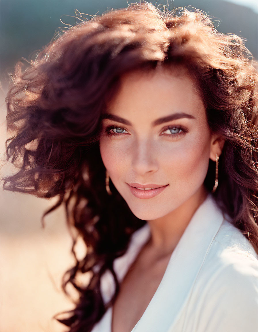 Voluminous Curly Brown Hair Woman in White Outfit Portrait