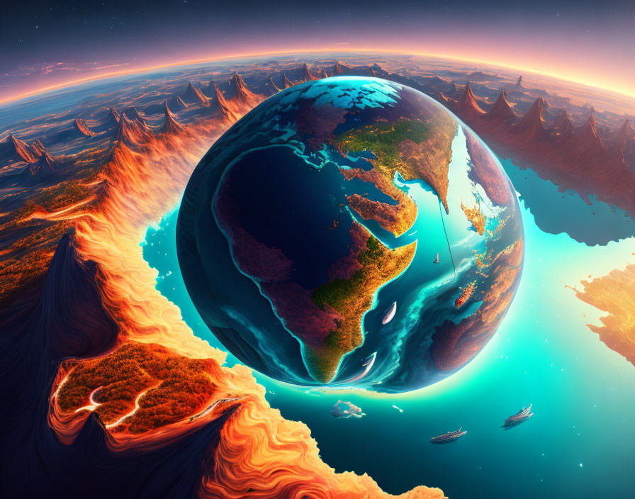 Vibrant surreal Earth with exaggerated topography and fiery mountains