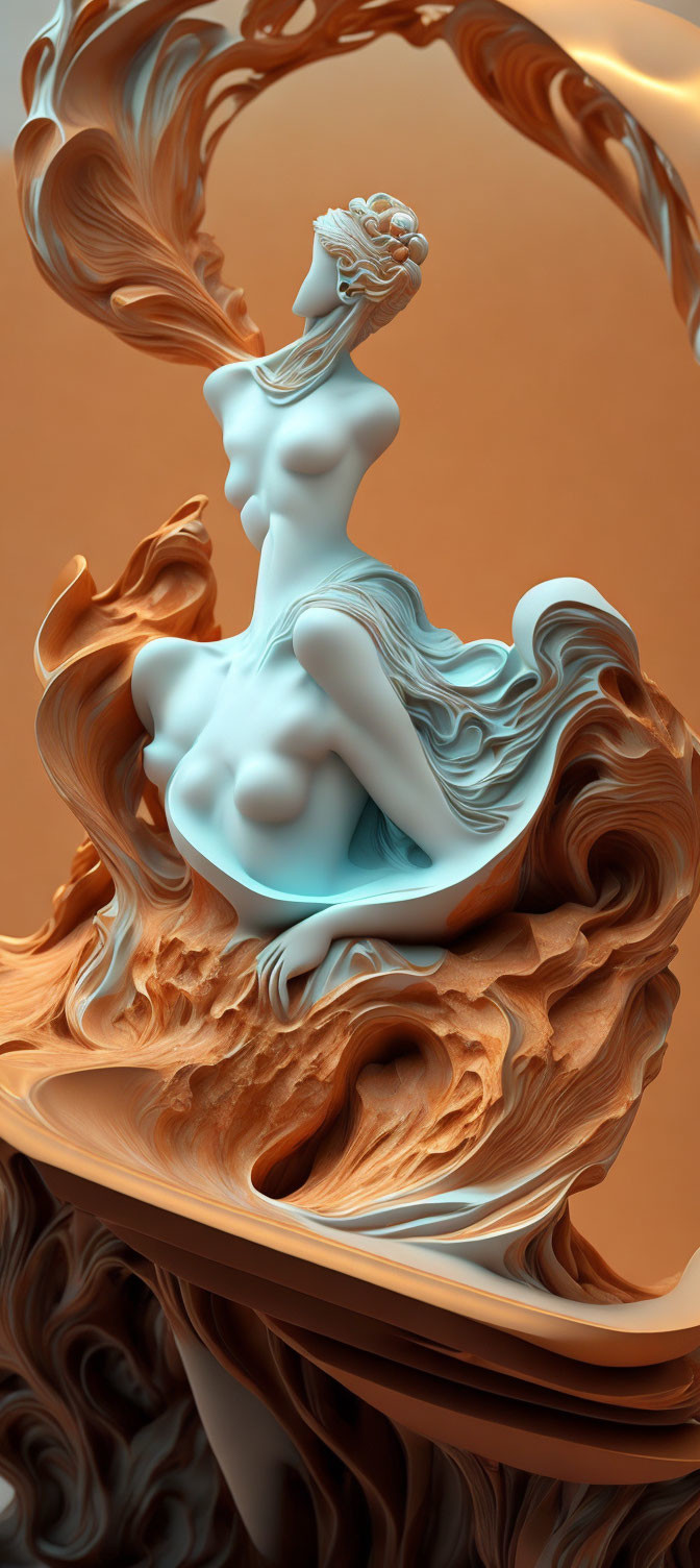 Ethereal female figure merging with warm abstract swirls