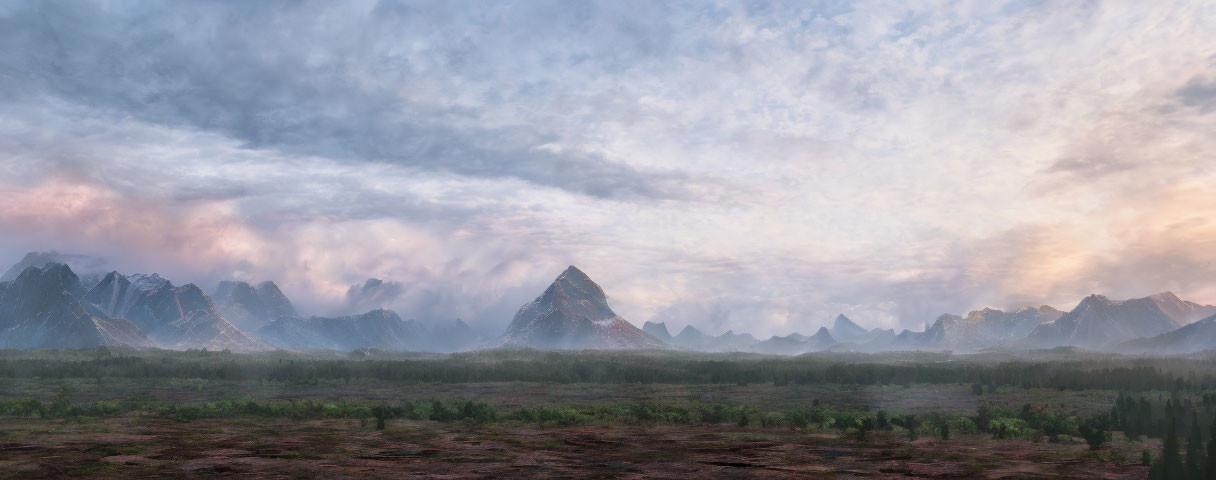 Misty mountain range at dawn or dusk with forest and dramatic sky