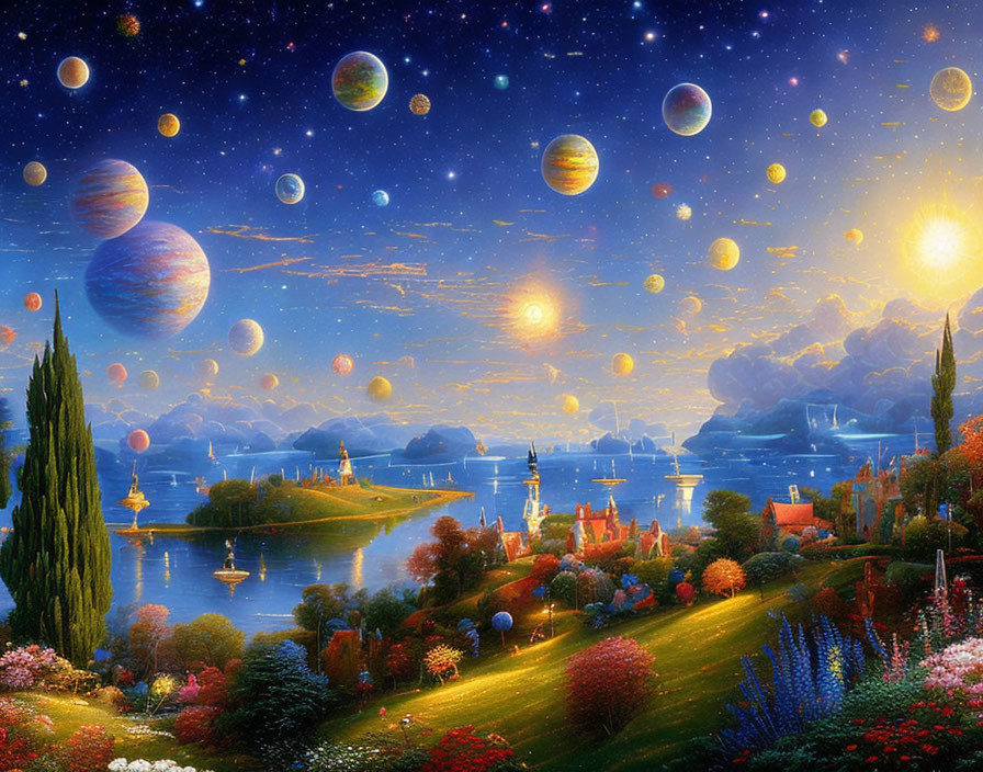 Fantasy landscape with river, castles, gardens, planets, and sun