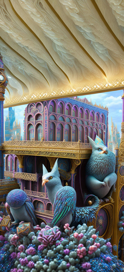 Colorful fantasy cityscape with stylized buildings and bird-like creatures under draped cloth sky