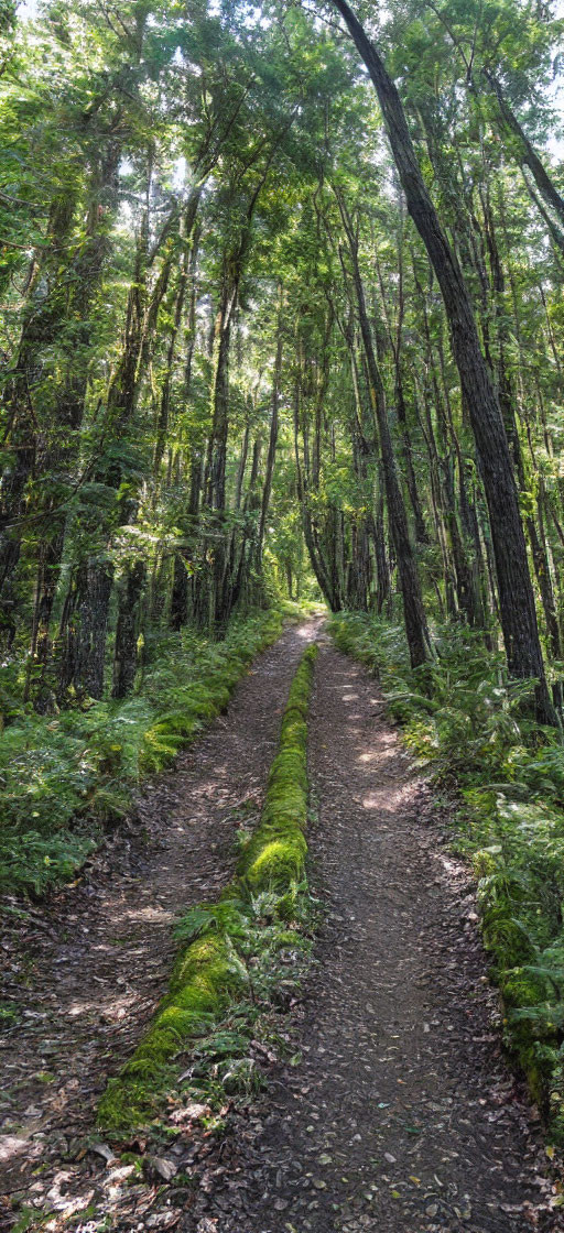 Tranquil forest path with moss-covered trees