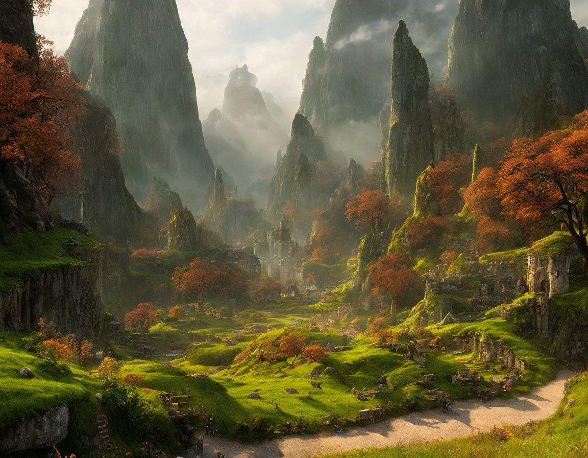 Tranquil valley with green grass, autumn trees, misty mountains