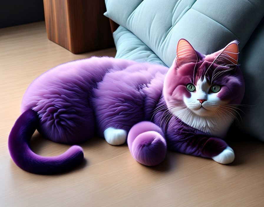 Digitally altered image: Large purple and white cat with green eyes next to a couch