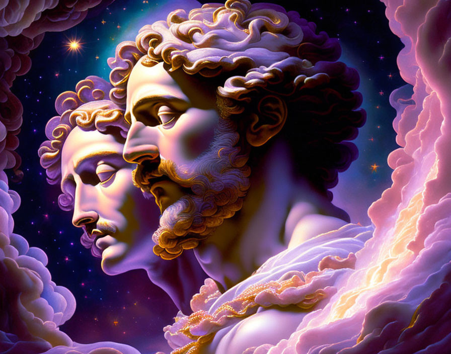 Illustration of two bearded male faces in cosmic background.