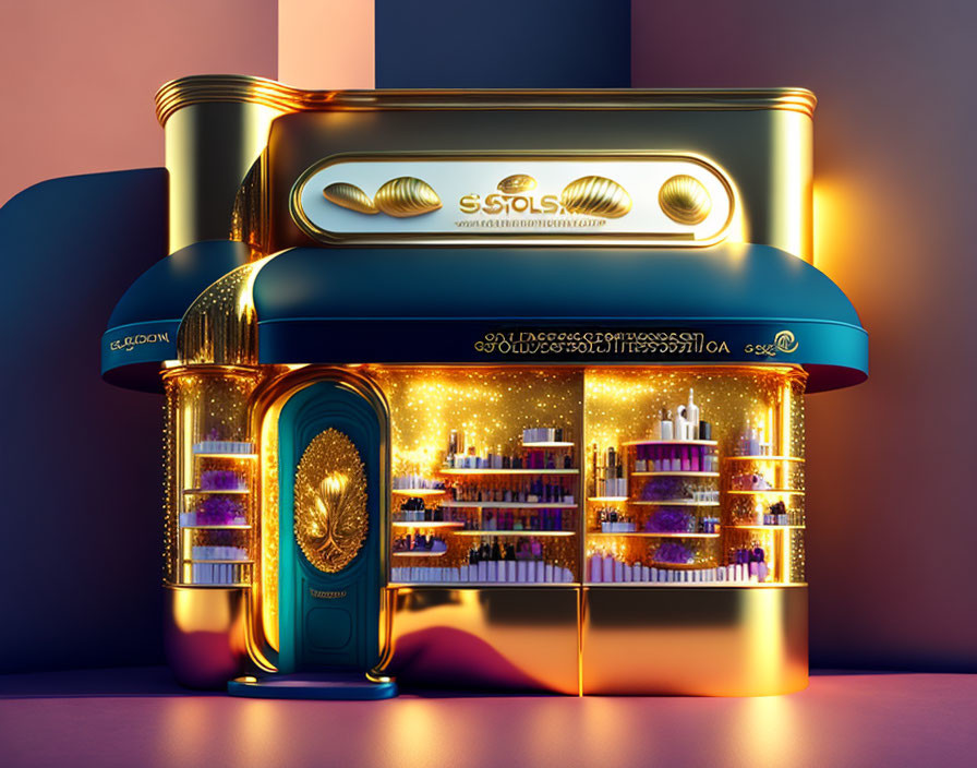 Gold-Accented Vending Machine with Blue and Purple Lighting