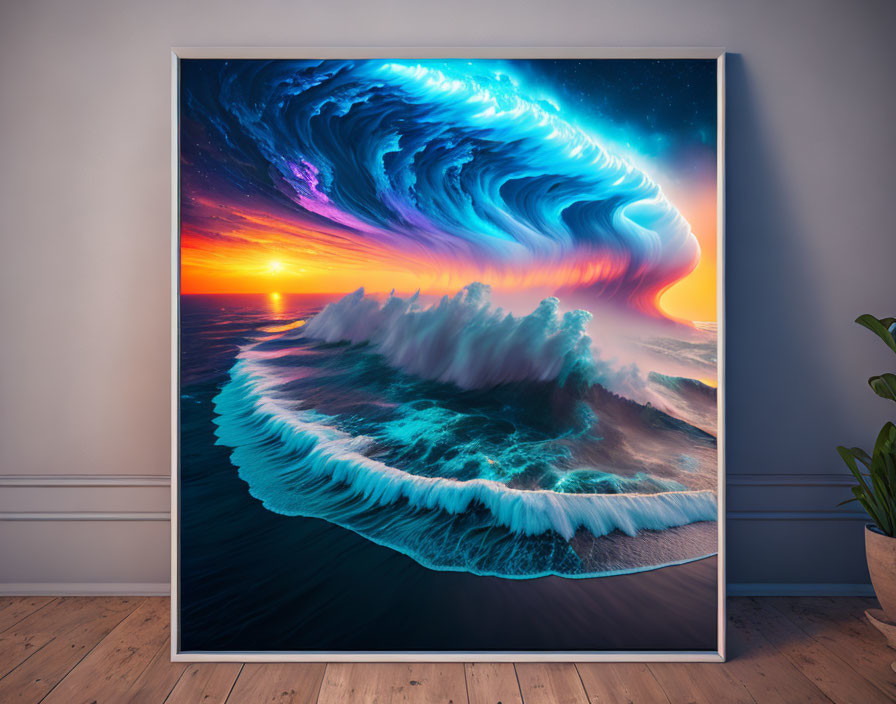 Large Vibrant Wave Blending into Cosmic Sky in Modern Room