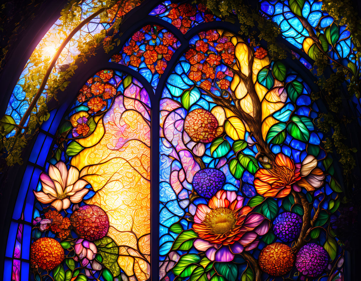 Colorful Flowers and Foliage in Vibrant Stained Glass Window