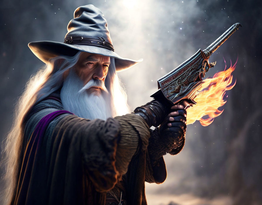 White-bearded wizard in mystical forest with flaming pistol, hat, cloak, gauntlets