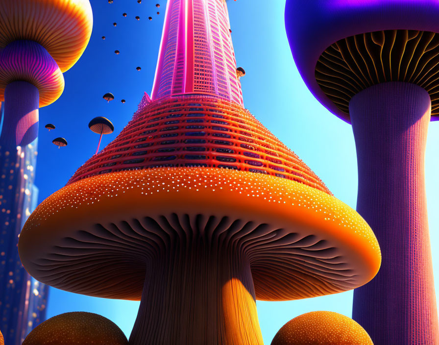 Colorful digital artwork: Giant mushrooms and futuristic tower under blue sky