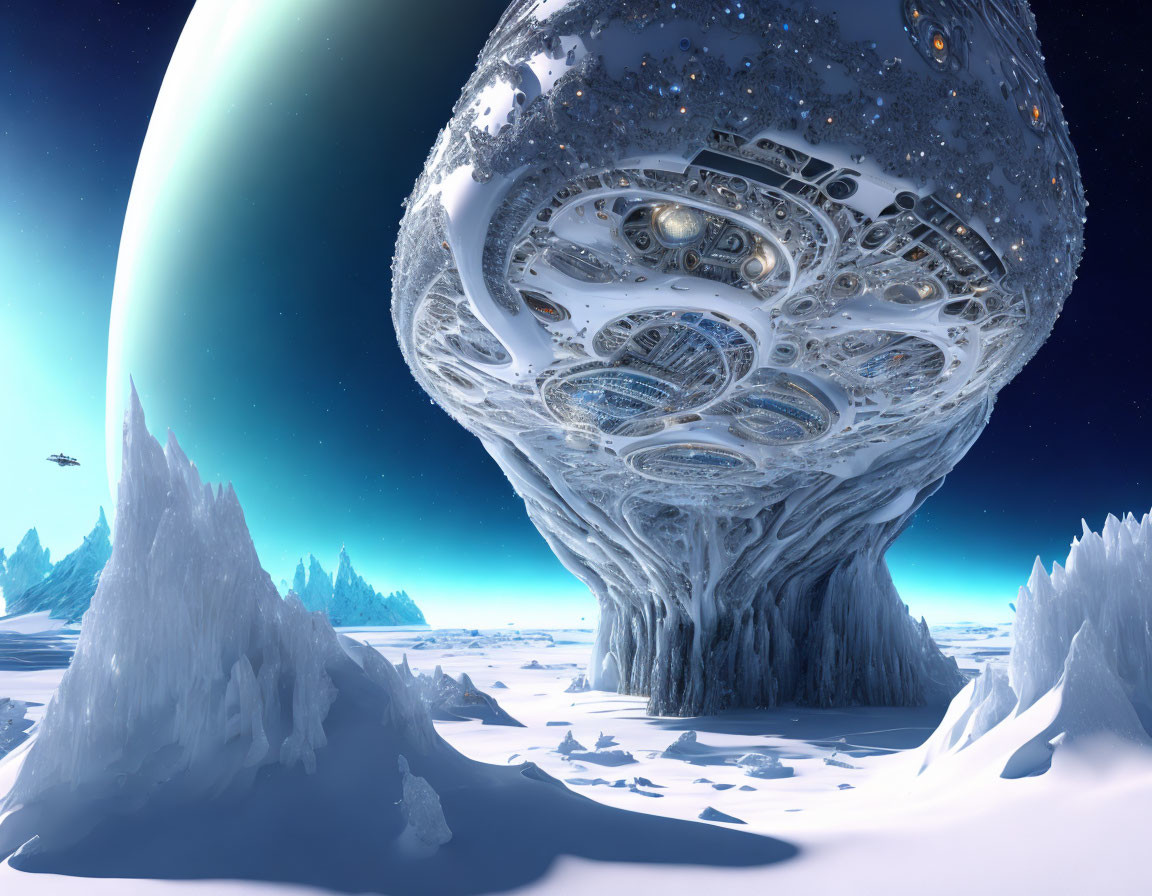 Sci-fi cityscape in massive tree on snowy alien world