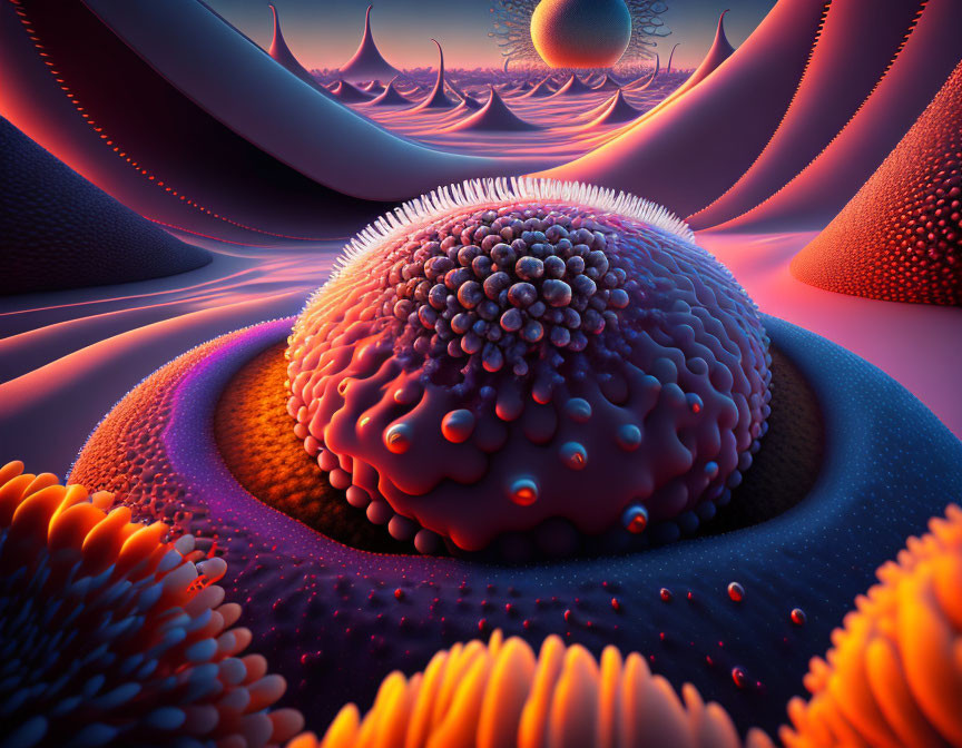 Colorful surreal landscape with textured sphere and undulating hills under purple sky