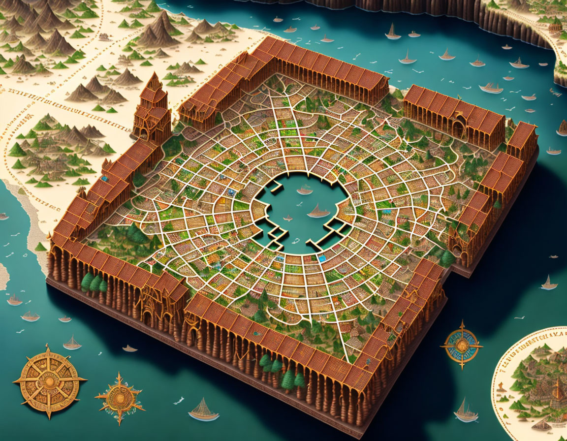 Isometric illustration of ancient fortified city with circular streets and concentric walls.