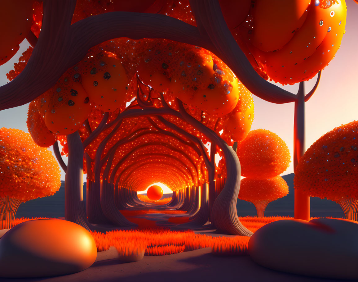 Vibrant orange trees in surreal landscape with glowing sun