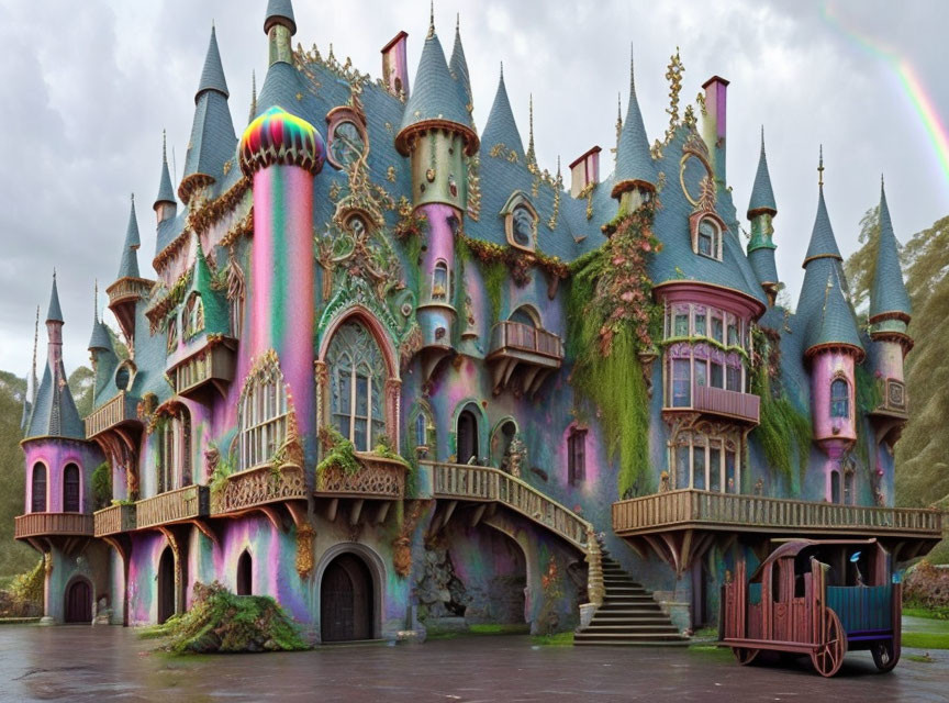 Colorful whimsical castle with turrets and vintage carriage under cloudy sky