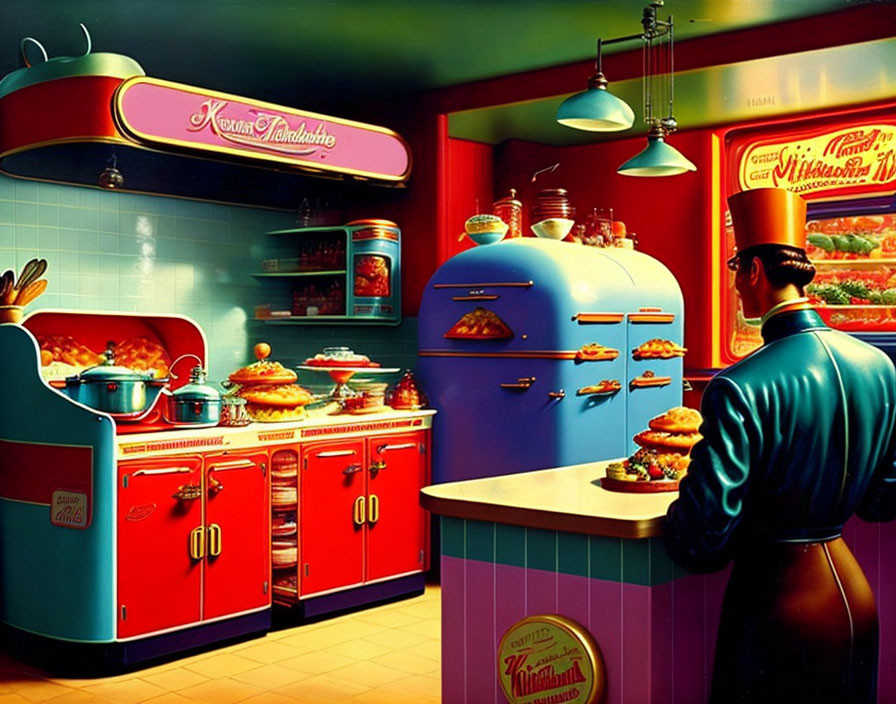 Colorful Vintage Kitchen with Red and Turquoise Cabinets and Man Examining Pie