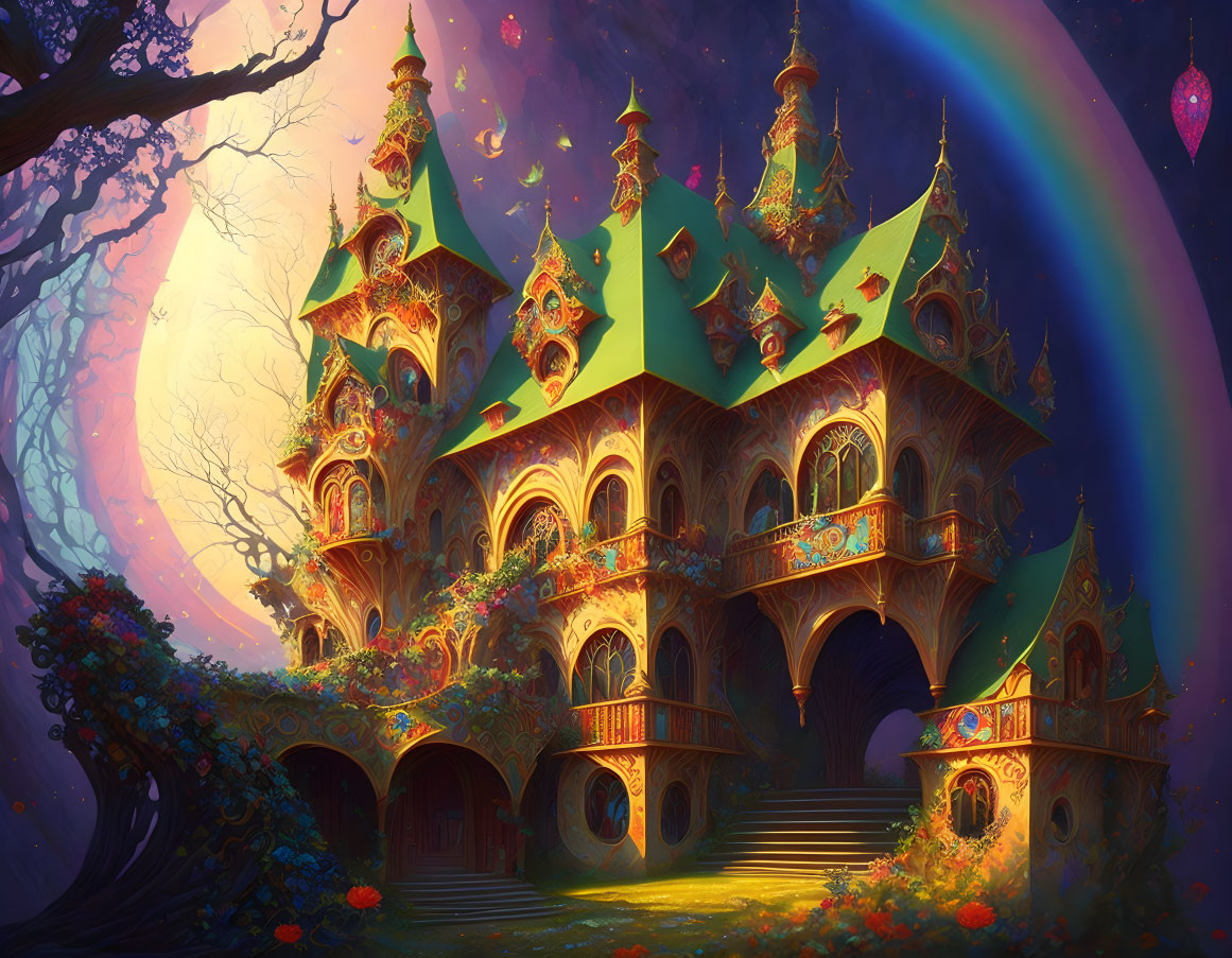 Fantasy castle with intricate architecture in lush twilight setting